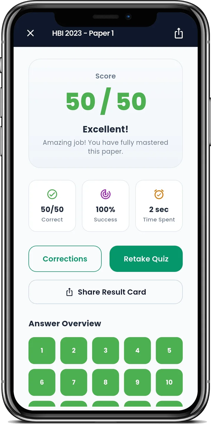 Quiz results in light mode showing the score, time spent, Corrections and Retake Quiz buttons, and the answer overview
