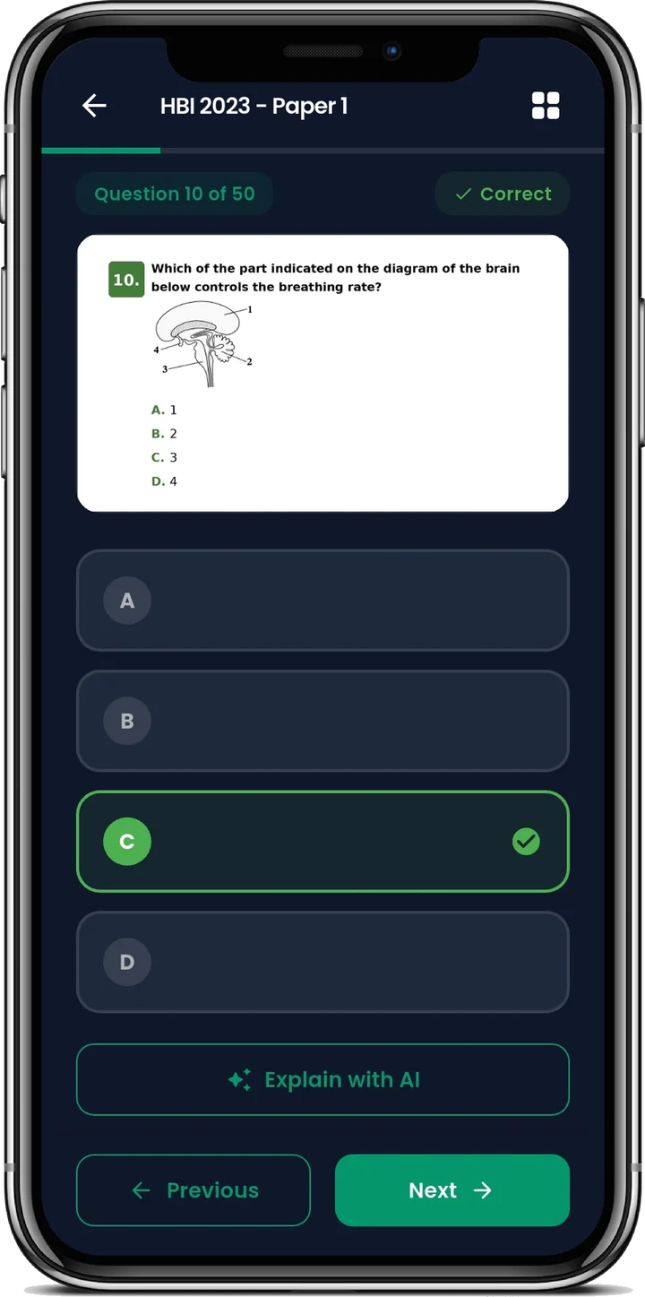 Quiz in dark mode on question 10 of 50 of Human Biology 2023 Paper 1, with the correct answer marked and an Explain with AI button