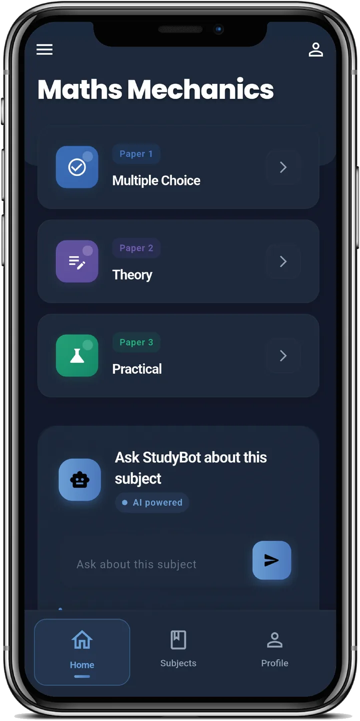 Subject screen in dark mode listing Paper 1 multiple choice, Paper 2 theory and Paper 3 practical