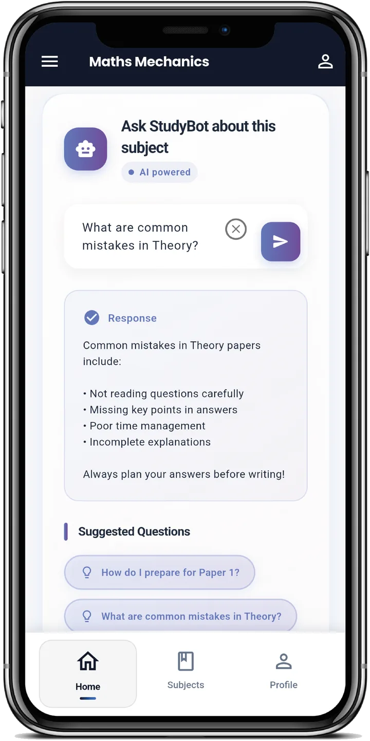 StudyBot answering a question about common mistakes in theory papers, in light mode